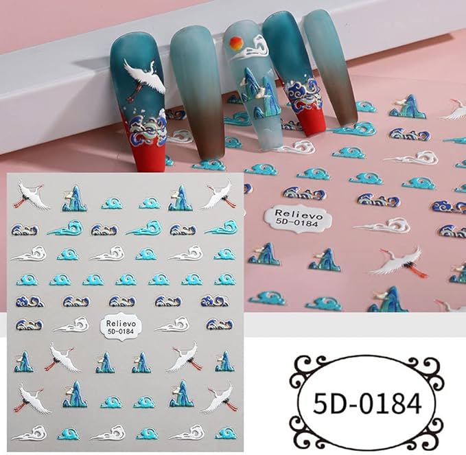 3Sheets 5D Nail Stickers Chinese Style Character Gold Red-Crowned Crane Propitious Cloud Nail Decals for New Year Acrylic Nail Art Design Supplies (Crane)