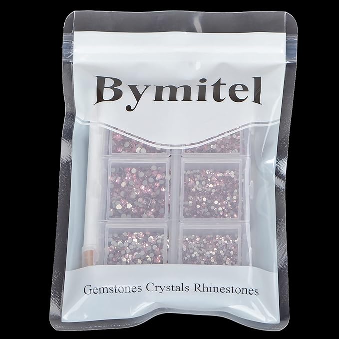 Bymitel 7200 Pieces 6 Mixed Sizes Glue Fix on Glass Rhinestones Round Crystal Gems Flatback for DIY Jewelry Making with one Picking Pen(6-Sizes 7200PCS, Lt. Rose)