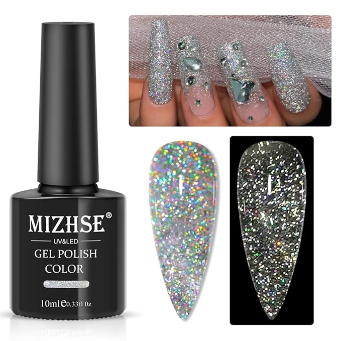 MIZHSE Glitter Gel Polish, Silver Sparkle Gel Nail Polish Diamond Disco Reflective Glitter Gel Polish Soak Off U V Nail Art Varnish Manicure Home DIY 10ml