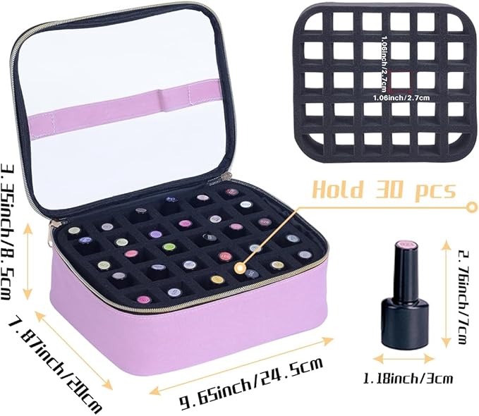 Small Clear Nail Polish Case Holds 30 bottles(15ml-0.5fl.oz) Nail Polish Organizer Multifunctional Nail Polish Bag organizer, Cosmetic Travel Makeup Cases for Women, Pink