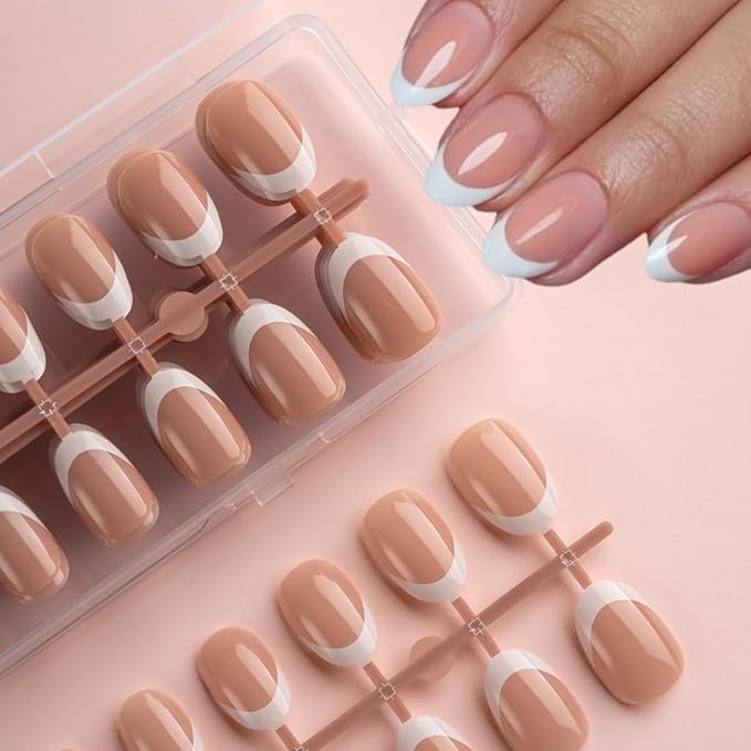 Lamemoria Pre-Design Brown Gel French Nail Tips, Short French Tip Press On Nails Oval Shape, Basic Fake Nails With Glue Tabs 240 Pcs/Set