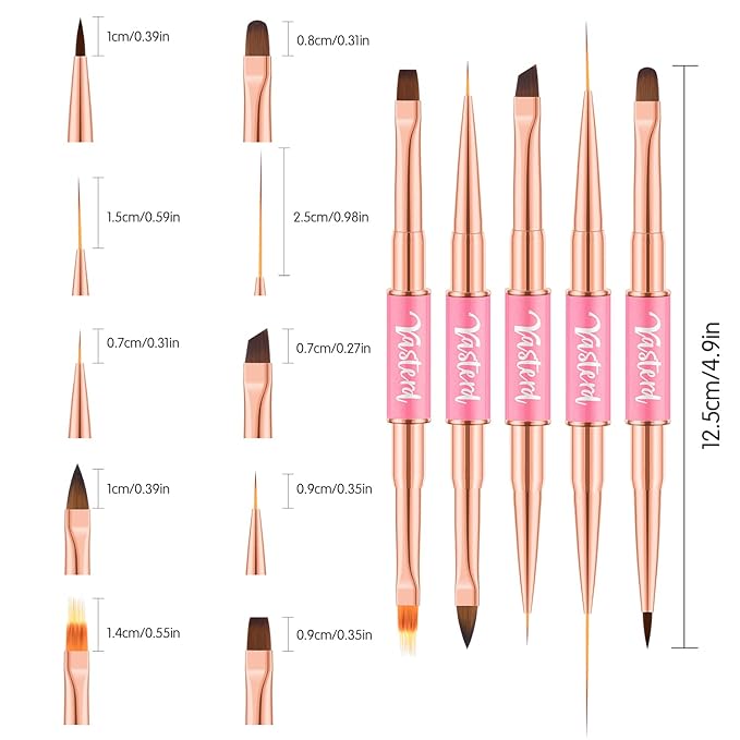 Nail Art Brushes Set 5pcs Double-Ended Nail Brushes for Nail Art with Nail Extension Gel Brush, Builder Gel Brush, Nail Art Liner Brush
