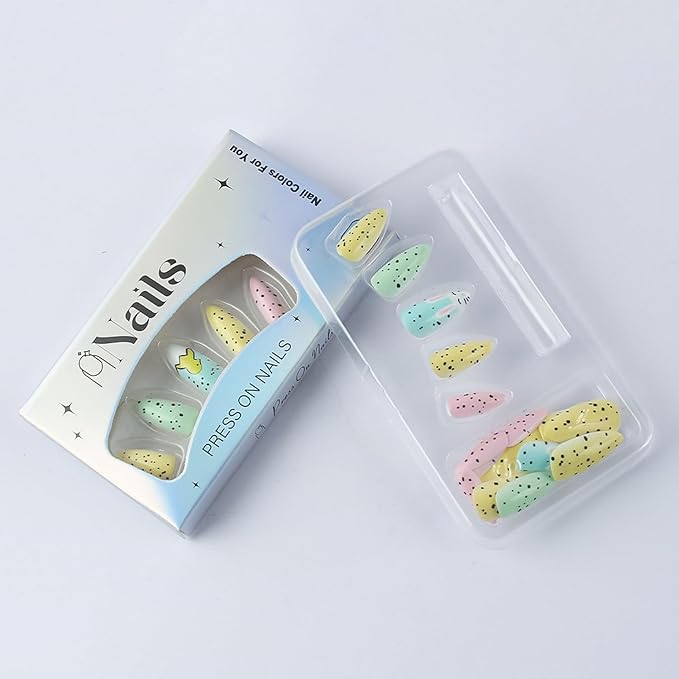 Easter Press on Nails Short Almond Petite Easter Bunny Fake Nail Pink Full Cover Bunny False Nails with Chick Designs Glossy Cute Acrylic Nails Manicure Artificial Nail for Women Manicure Decor 24 Pcs