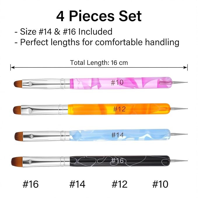 4 PCS French Tip Brush Gel Acrylic Brush Two Way Nail Art French Tip Nail Brushes and Dotting Tools Brushes for Nails Technician Enthusiasts DIY (10# 12# 14# 16#)