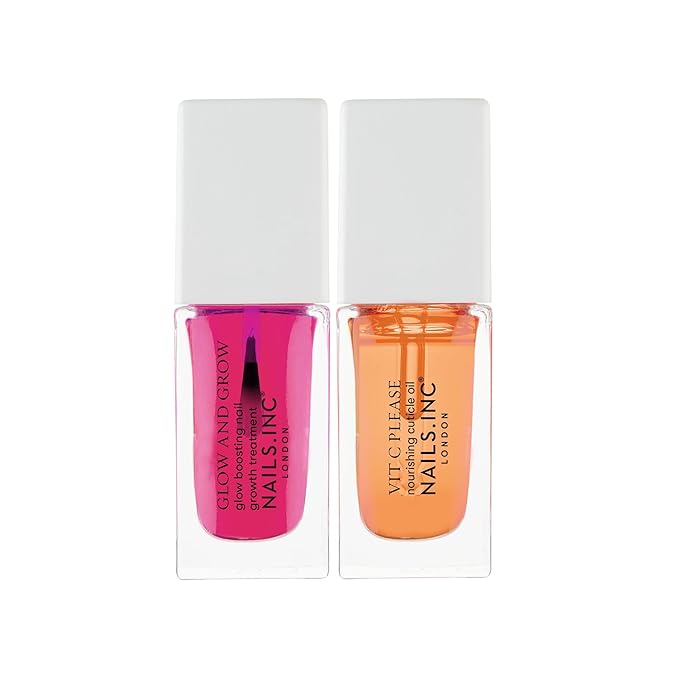 Nails Inc Mini Nail Treatment Duo, Glow & Grow Nail Growth Treatment, Vitamin C Nourishing Cuticle Oil, Strong Nails, Smooth Nails, Promote Nail Health, Ultra Glossy, Cruelty Free, Vegan, 2 Piece Set
