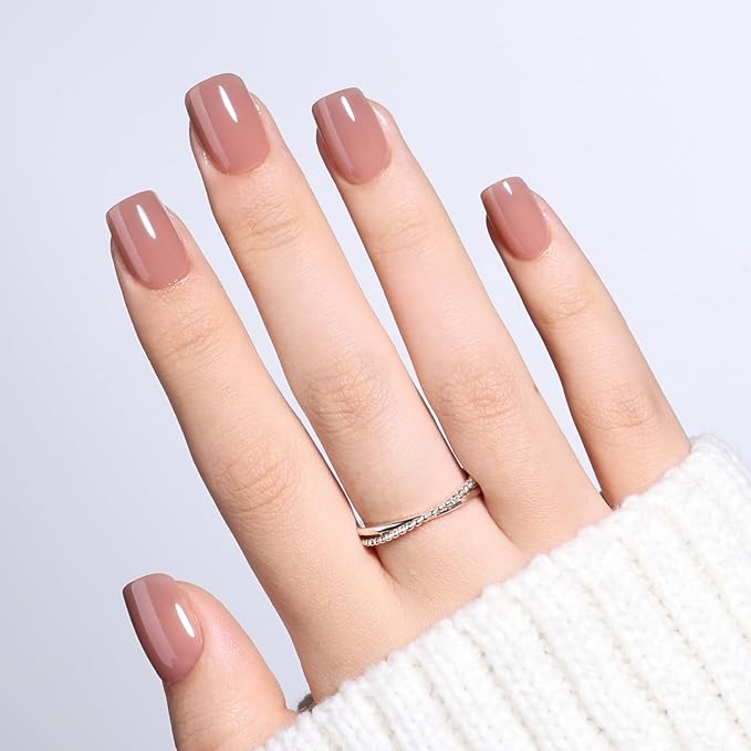 Soft Mocha Nude Press on Nails - Short Square Glossy Nails Press ons for Women, Reusable Warm Nude Glue On Nails 30 Pcs 15 Sizes Fake Nails Kit with Glue, Soft Mocha