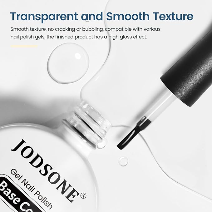 JODSONE 10ml Base Coat Gel Nail Polish Glossy Durable Gel Soak Off Clear No Wipe Nail Salon and DIY Home Need U V Lamp Curing