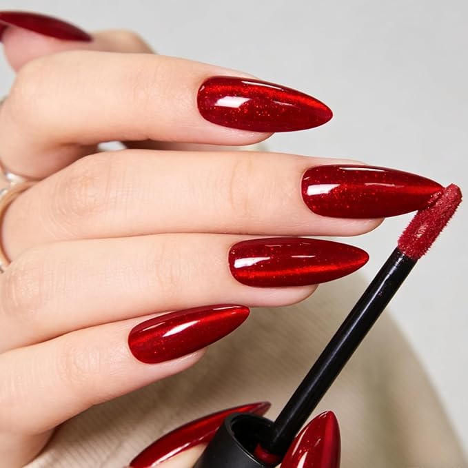 Valentines Red Cat Eye Press On Nails Almond Red Glitter Fake Nails Medium, Holiday Sparkle 15 Sizes Reusable Nail Kit - 30 Pcs with Glue