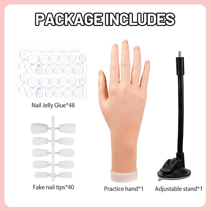 Silicon Practice Hand for Acrylic Nails, Realistic Fake Hand with Stand, 40 Nail Tips and 48 Adhesive Tabs, Reusable & Flexible Mannequin Training Model for Manicure & Nail Art Practice