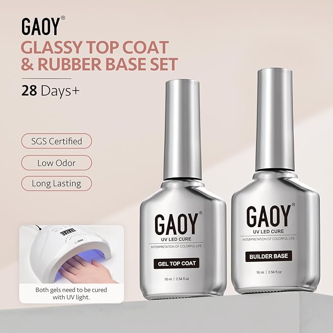 GAOY 2 Pcs Glassy Gel Top Coat and Rubber Base, Jelly Builder Base Nude Sheer Pink 03 Misty Nude with Detailed Liner Brush, Soak Off Nail Strengthener UV Light Cure