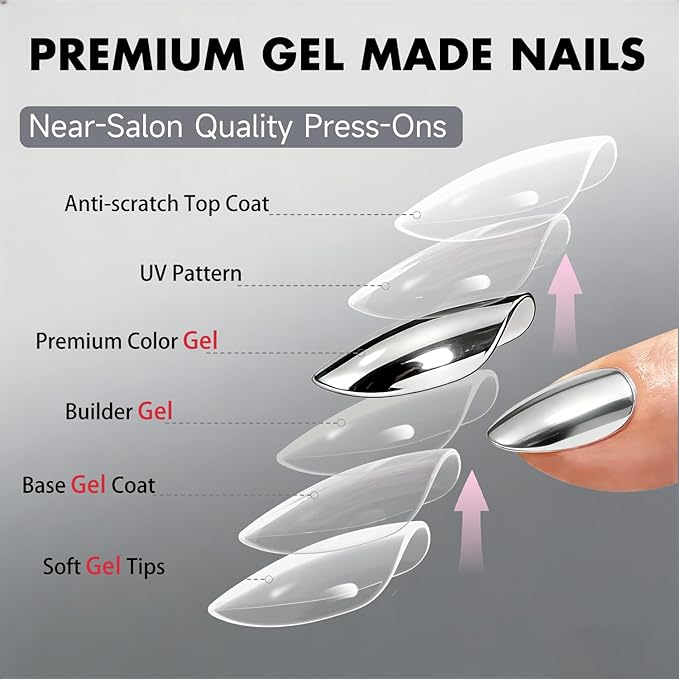Chrome Press on Nails Short Almond, Metallic Sliver Fake Nails with a Sparkle Mirror Finish, Glitter Glue on Nails for Women Birthday Party, Thick Quality Soft Gel Nail Press ons 30 Pcs