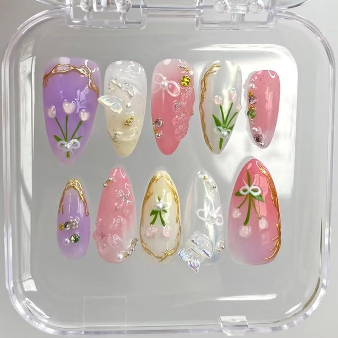 Press On Nails Handmade French Nails for Women, Reusable Medium Almond False Nails, 10PCS ABS Artificial Fingernails with Tip Designs for Salon & Home Use Size L