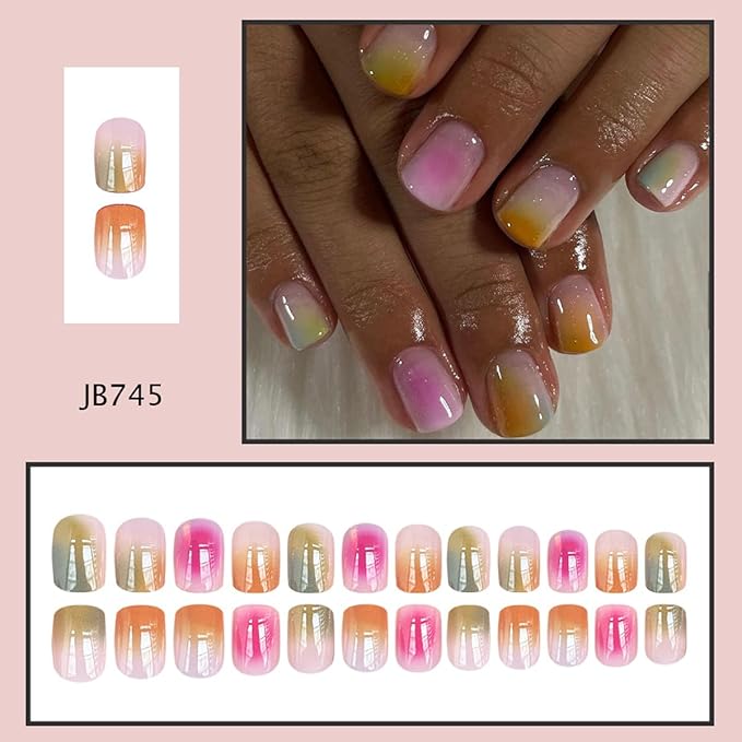 Aura Press on Nails Short Square Fake Nails Colorful Ombre False Nails Press ons with Blooming Design Reusable Artificial Nails Full Cover Glue on Nails Stick on Nails for Women Manicure 24 Pcs