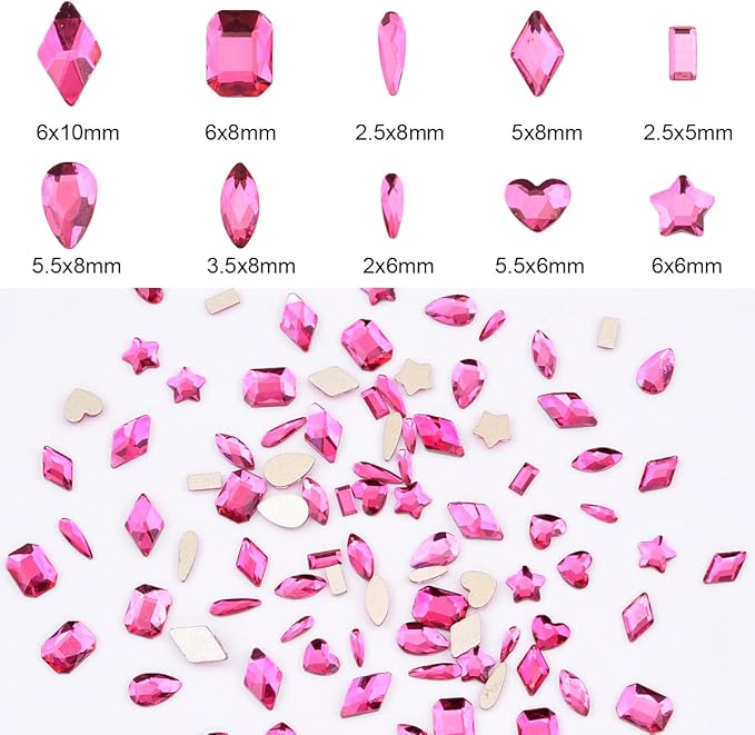 100pcs Fuchsia Glass Nail Diamonds Rhinestones Flatback Multi 10 Different Shape Color Crystals Small and Large Assortment Bulk for Nail Art