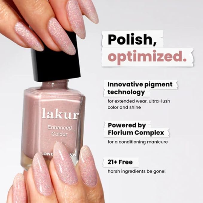 LONDONTOWN lakur Nail Polish - Chip-Resistant, Non-Toxic, Conditions & Hydrates Nails | Shimmery Holographic Neutral Pink, Champagne in Bed, .40 fl oz