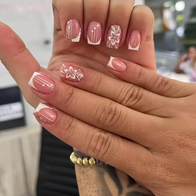 Short Square Press on Nails - White French Tip Fake Nails with Flower Design - Cute Full Cover Stick on False Nails -for Women 24 Pcs