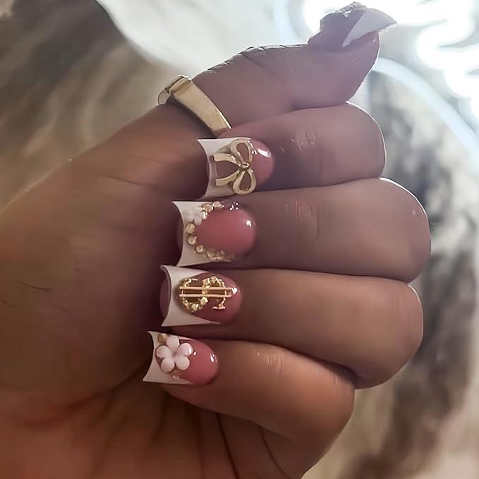 White French Tip Press on Nails Duck Fake Nails Bow Nail Press ons with Rhinestone Design Dollar Glue on Nails Reusable Artificial Glossy Full Cover Acrylic Stick on Nail for Women Manicure 24Pcs