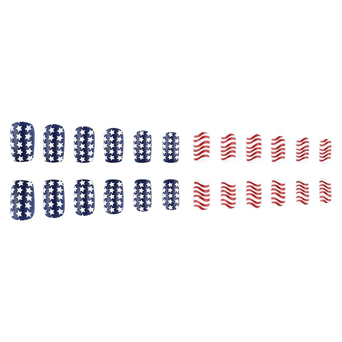 4th of July Press on Nails Short Square America Flag Fake Nails Full Cover Striped Stars False Nails with Designs Glossy Glue on Nails USA Acrylic Nails Handmade Acrylic Nails for Women Girls 24Pcs