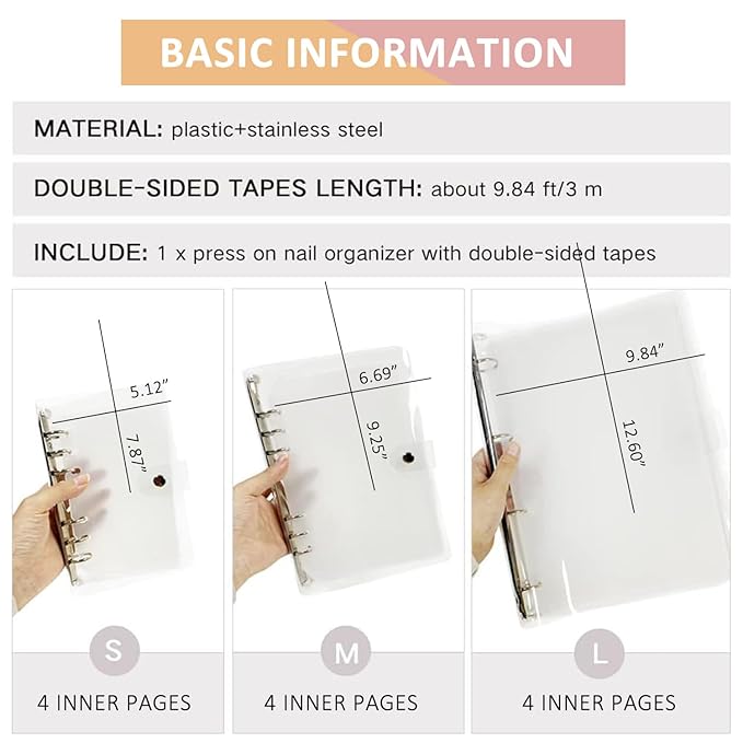 Transparent Press On Nail Organizer Book Press On Nails Storage with Double-sided Tapes Fake Nails Display Binder for Nail Salon Small