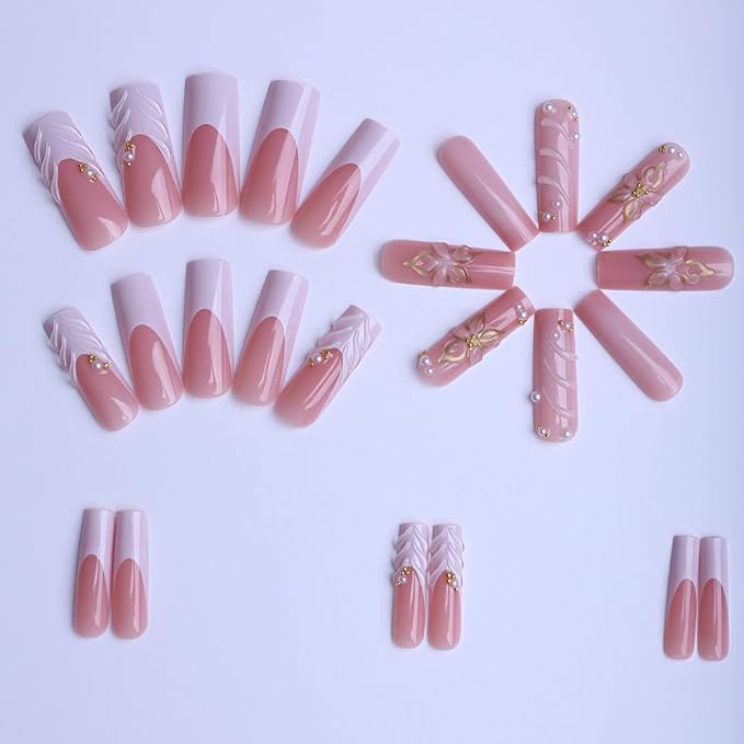 Long Square Press on Nails, Gold Embossed Flowers Acrylic Press on Nails with Cute Pearl Charms Designs，Long Press on Nail for Women 24pcs