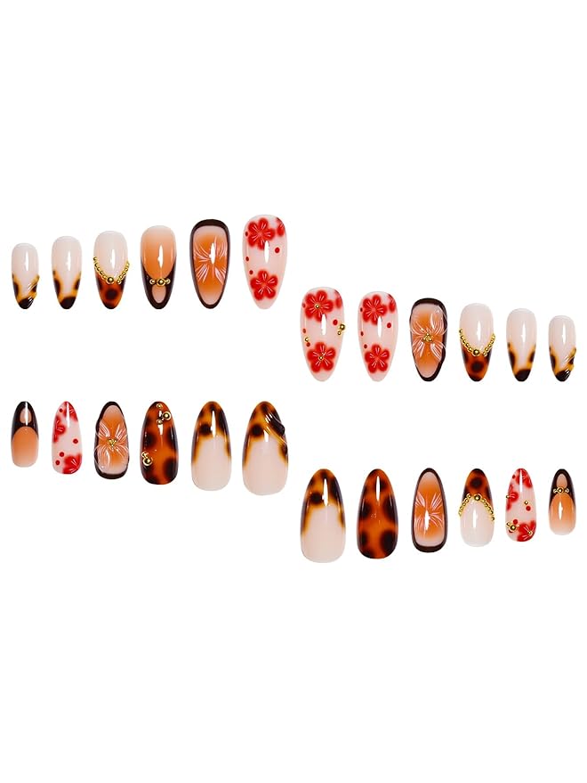 Almond Press on Nails Long Fake Nails Brown Artificial Nail with Tortoise shell and Gold Charm Designs Summer and Fall Cute Acrylic Press ons Red Flowers Handmade Nail 24pcs