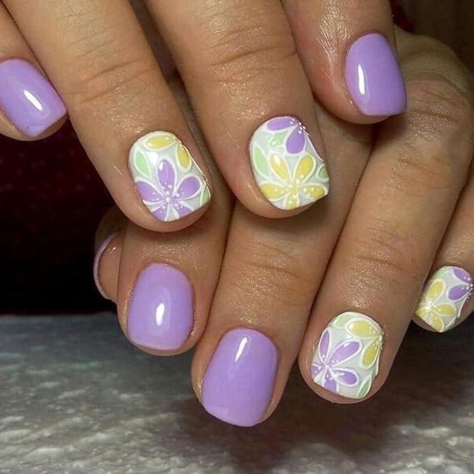 Press on Nails Square Short Purple Fake Nails Press ons Artificial Acrylic Nail Tips Kit Full Cover False Nails with Yellow Flowers Glossy Designs Stick on Nails for Women 24Pcs