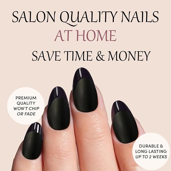 Press On Nails Short Almond Black Nails with Glossy French Tips in a Matte Finish 16 Sizes - 32 Nail Kit with Glue