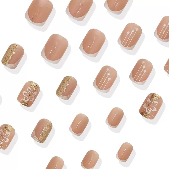 Short Square Press on Nails - White French Tip Fake Nails with Flower Design - Cute Full Cover Stick on False Nails -for Women 24 Pcs
