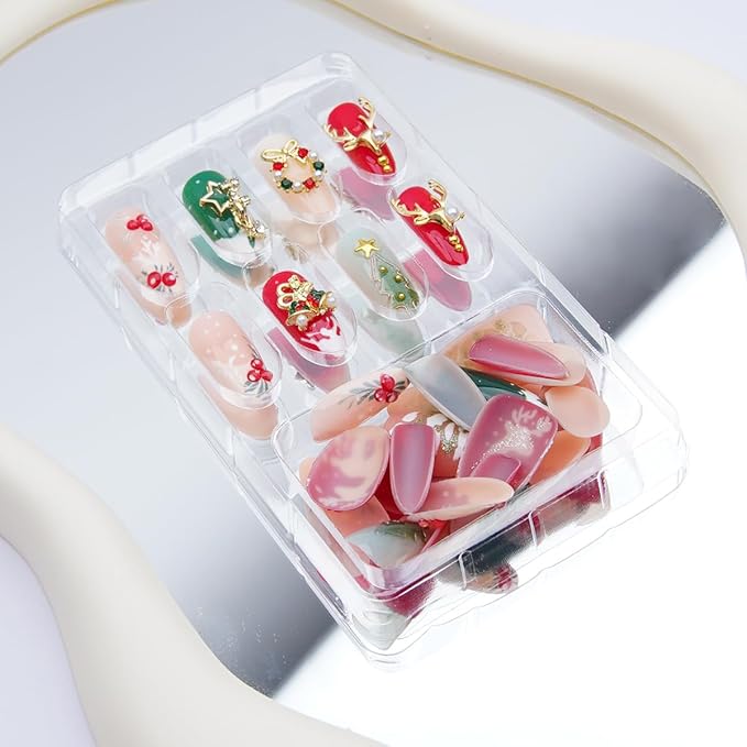 30Pcs Christmas Press on Nails Medium Almond French Fake Nails with Gold Elk Bell Star Rhinestones Design 3D Xmas Trees False Nails Full Cover Artificial Glue on Nails Winter Stick on Nail for Women