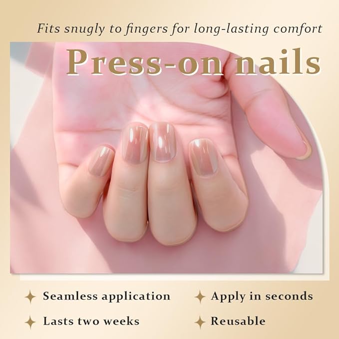 evpct Nude Glazed Press on Nails Short Square for Women Gift, Chrome Glazed Nude Fake Nails Reusable with Soft Gel, Glossy Glitter Stick on False Nail Kit Salon Quality DIY at Home, 01