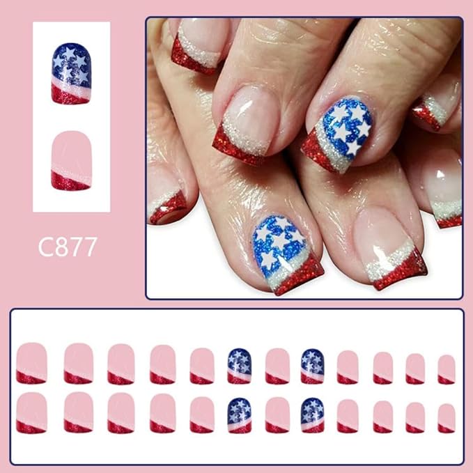 Independence Day Press on Nails Short Square Glue on Nails with Red White French Tip Designs USA Flag False Nails Blue Glitter Stick on Nail 4th of July Fake Nail for Women Girls Manicure 24Pcs