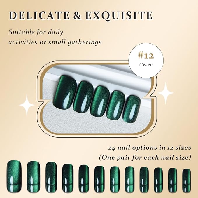 evpct Dark Emerald Green Metallic Cat Eye Press on Nails Square Medium, Stick on Nails Medium Length Square for Women, Green Metallic Nail press ons, Iridescent Glitter Acrylic Fake Press on Nail