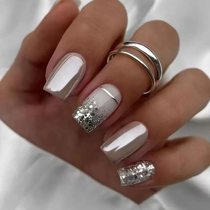 6 Packs (144 Pcs) Press on Nails Medium Square Fake Nails Chrome False Nails with Designs Hot Pink Siliver Glue on Nails Full Cover Solid Color Glossy Acrylic Stick on Nail for Women Manicure