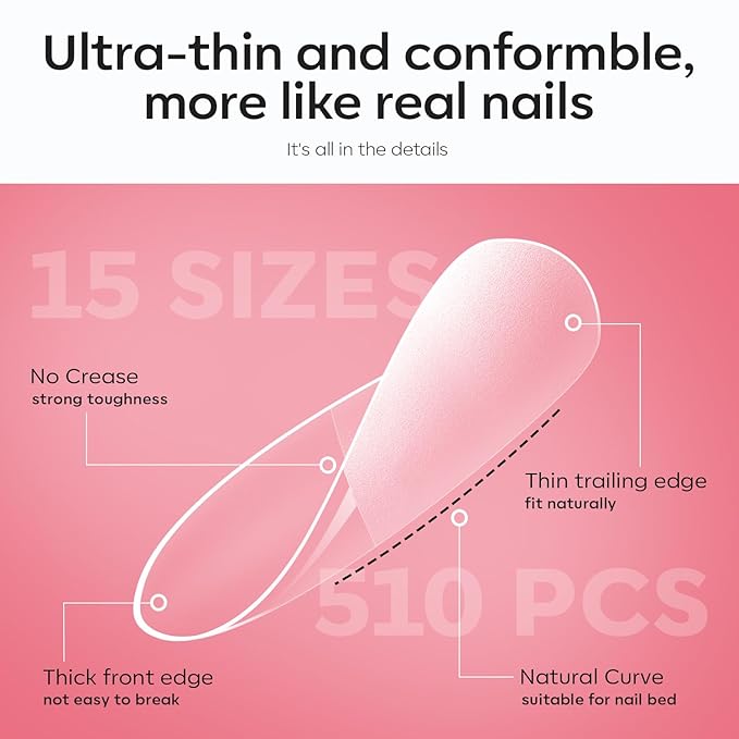 modelones X Nail Gel Kit Short Oval Round, Upgrade 510Pcs Fake Nails 15Sizes, 9-in-One Glue Prep Dehydrator & Mini U V Light Clipper, Pre-shaped Half Matte Press on Oval Tips for Extension DIY Salon