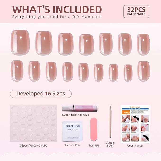 Chrome Press on Nails Kit Square Short Fake Nails Solid Color Designs Glossy Pink Thickened Salon Quality Acrylic Nails with Nails Glue Full Cover Stick on Nails for Women Nail Art DIY 32 Pcs