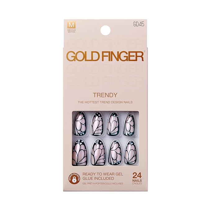 GoldFinger 24 Pcs Press On Nails, Medium Almond Fake Nails, Butterfly Chrome Gel Stick On Extensions, Reusable Full Cover False Nail Kit with Glue, Manicure Stick & File, 7 Day Long Lasting Wear