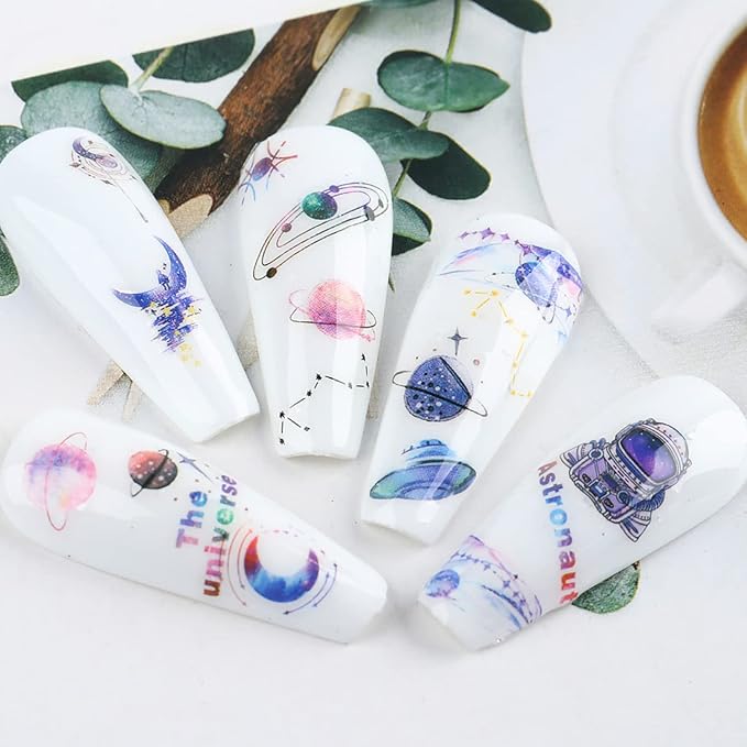 Alien Nail Art Stickers, 3D Planet Astronaut Earth Moon Star UFO Rocket Nail Transfer Decals, Gold Luminous Nail Self-Adhesive Sticker Designs, DIY Resin Nail Decal Manicure Decorations for Women