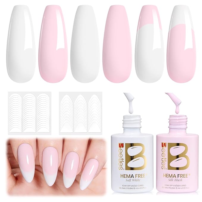 Beetles French Tip Gel Polish - Blush Moonlight 15ML with French Tip Stickers, Hema Free White Light Pink Gel Nail Polish, Same Color Bottle, Soak Off UV LED Lamp French Nails Art for Spring Nails