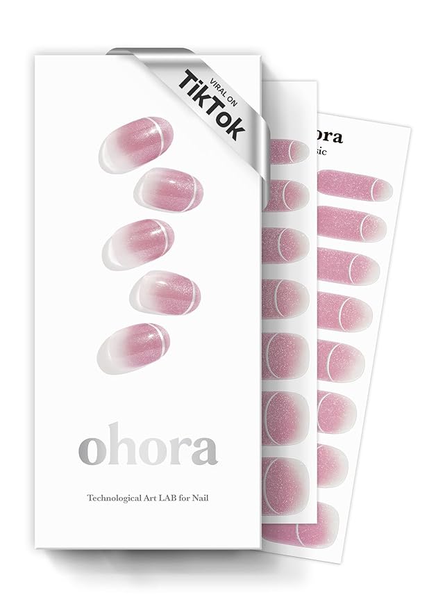 ohora Semi Cured Gel Nail Strips (N Mute Line) - Pink, French, Ombre, Works with Any UV/LED Lamps, Salon-Quality, Long Lasting, Easy to Apply & Remove - Includes 2 Prep Pads, Nail File & Wooden Stick