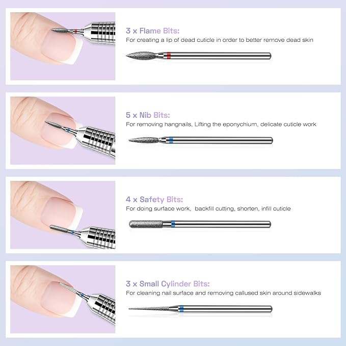 30PCS Cuticle Nail Drill Bits Set: 3/32'' Nail Bits for Acrylic Gel Nail Prep Contain Flame/Ball/Needle/Safety Shape Heads, Remover Tools Efile Bits for Salon Home Manicure Pedicure Nail Tech