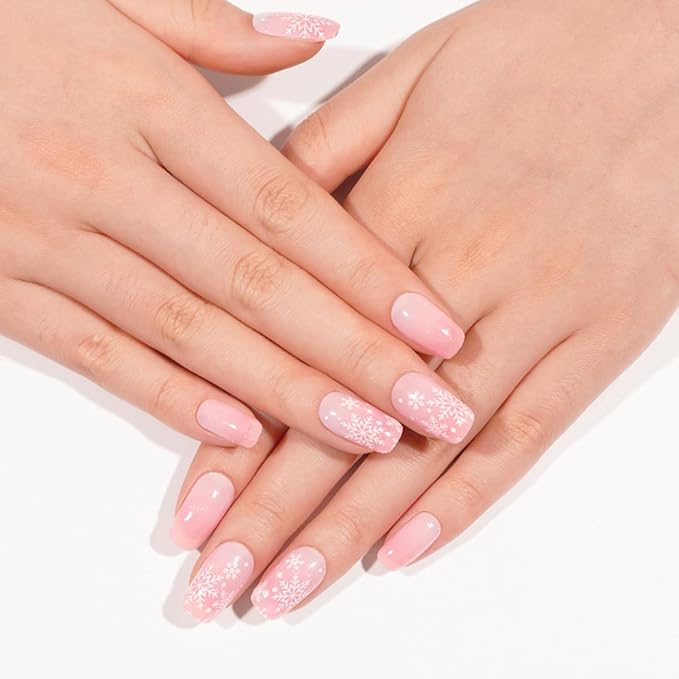 Christmas Semi Cured Gel Nail Strips - 20Pcs Pink UV Gel Nail Wraps with Snowflake Design, Long Lasting Salon-Quality Stickers, Includes Nails File & Wooden Stick - UV/LED Lamp Required