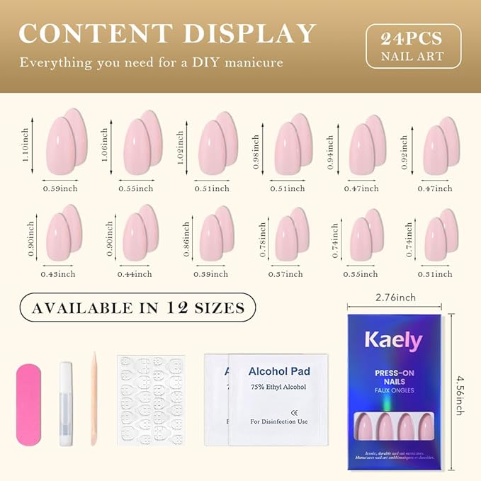 evpct Baby Pink Glossy Press on Nails Medium Almond for Women Gift, Glossy Pink Soft Gel Fake Nail Salon Quality with Nail Kit Set Kit, Full Cover Reusable Stick on Acrylic False Nails Perfectly Fit