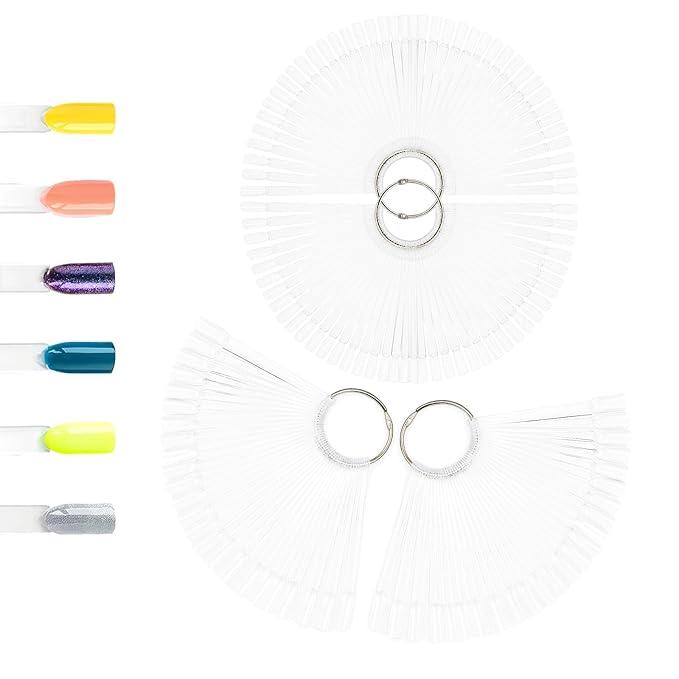 200 PCS Nail Swatch Sticks, Clear Plastic Nail Color Swatches with Metal Ring, False Fake Nail Art Tips Sticks for Gel Polish Display,Practice(Square Nail Sample Fan)