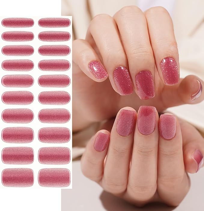 Semi Cured Gel Nail Strips 20 Pcs Pink Red Cat Eye Gel Nail Wraps, Stickers, UV Light Required Nail Art Design Decoration Accessories