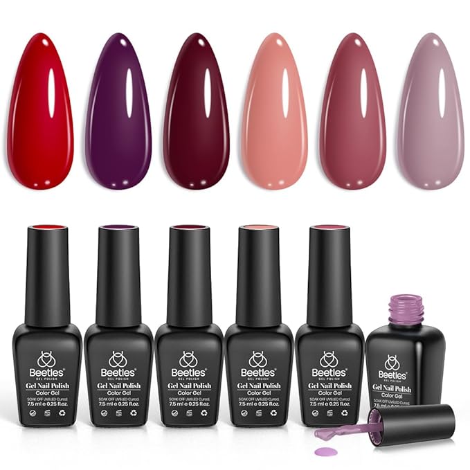 beetles Gel Polish Set - 6 Pcs Burgundy Red Purple Brown Nail Gel Polish Kit for Glamour, Wine Red Brown Lilac Sangria Gel Polish Soak Off UV LED Nail Lamp Spring