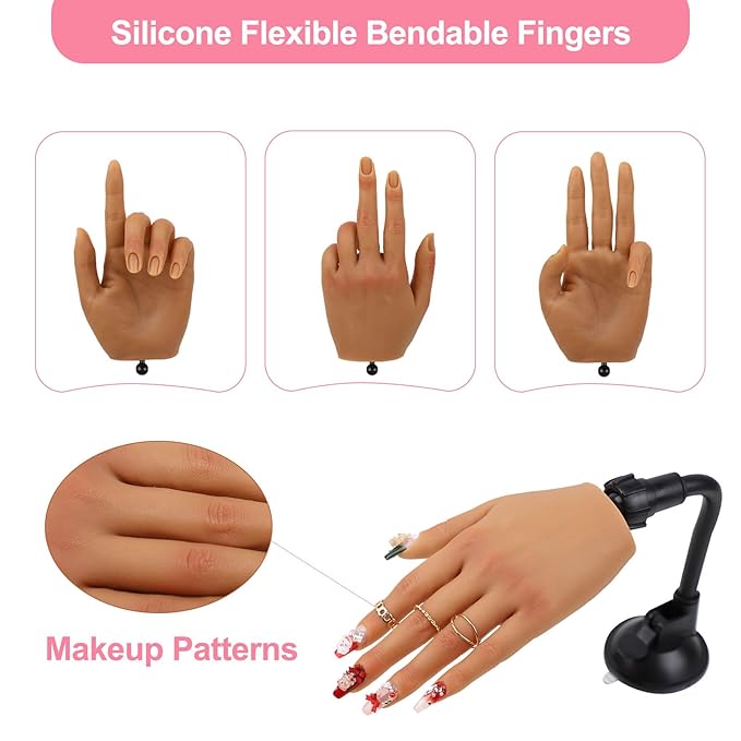 Nail Practice Hand for Acrylic Nails with 516 Pcs Nails, Silicone Fake Hands to Practice Fake Nails Mannequin Hand for Nails Practice and Nail Art Single Left Hand Brown