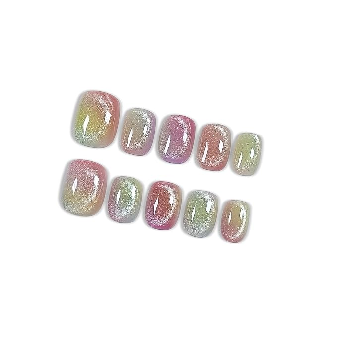 Press on Nails with Tools Kit, Short Oval Fake Nails in Dopamine Colors, Summer Cat Eye Gel Nails, Handmade Tips Cute & Vibrant Style for Women Daily & Pool Parties(Size XS)