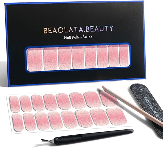 Nail Polish Strips, 32PCS Salon Quality Wraps, Long Lasting Gel Nail Stickers for Women Easy Apply& Remove (Blush Pink Wish)