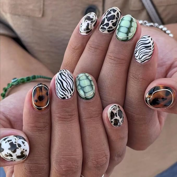 Animal Print Press on Nails Short Oval Fake Nails Fall Winter Nails Press ons with Design Full Cover Stick on Nails for Women Manicure,Reusable | Artificial | Glue Tabs | Easy Apply | 24Pcs