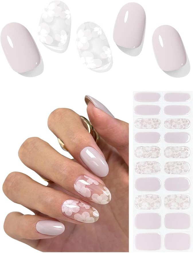 Semi Cured Gel Nail Strips (Soft Pink Floral), 20 Pcs Flower Gel Nail Wraps, Stickers, UV Light Required, Salon Quality, Long Lasting